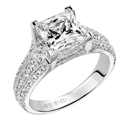 White gold princess cut diamond engagement ring with wide diamond band