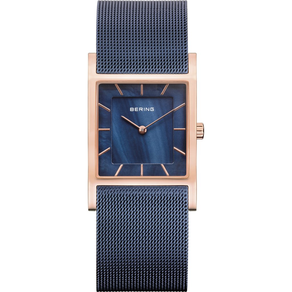 Ladies rose tone watch with blue mesh band