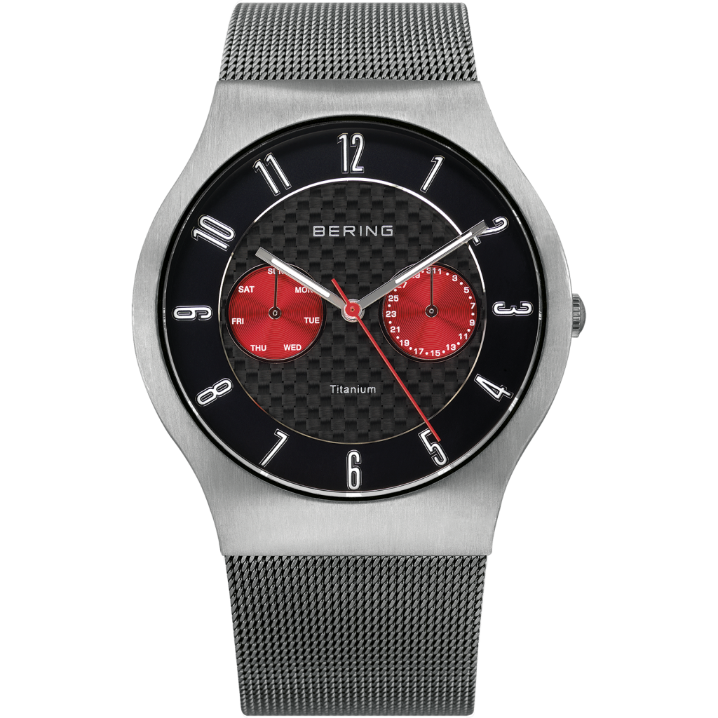 Mens grey titanium watch with red dials