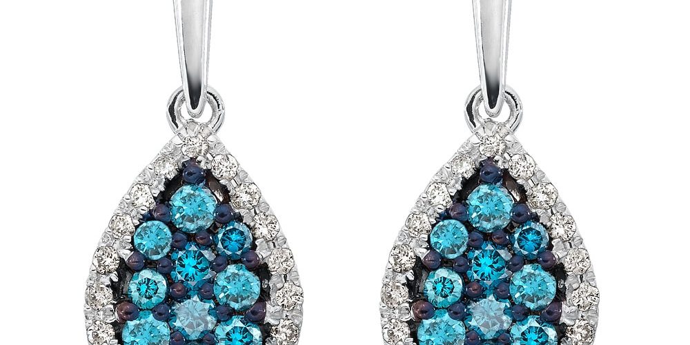 White gold treated blue & white diamond earrings