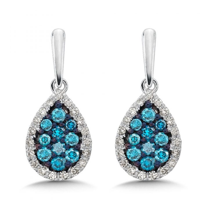 White gold treated blue & white diamond earrings