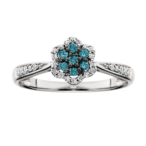 White gold treated blue & white diamond cluster ring