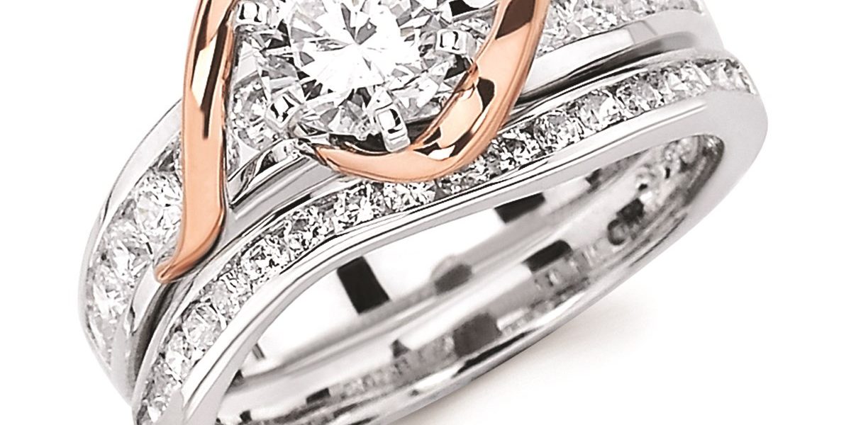 White & rose gold channel set engagement & wedding rings