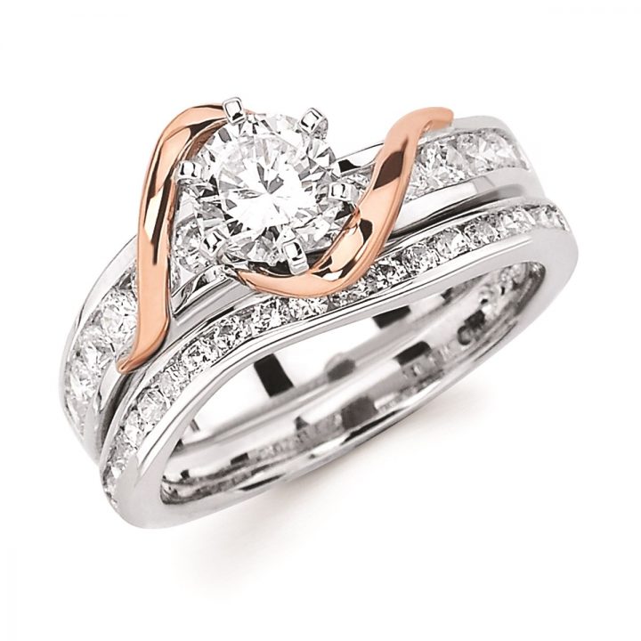 White & rose gold channel set engagement & wedding rings