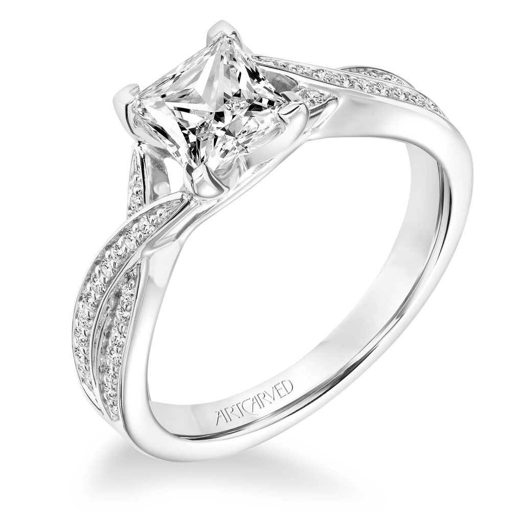 White gold princess cut engagement ring with criss-cross design