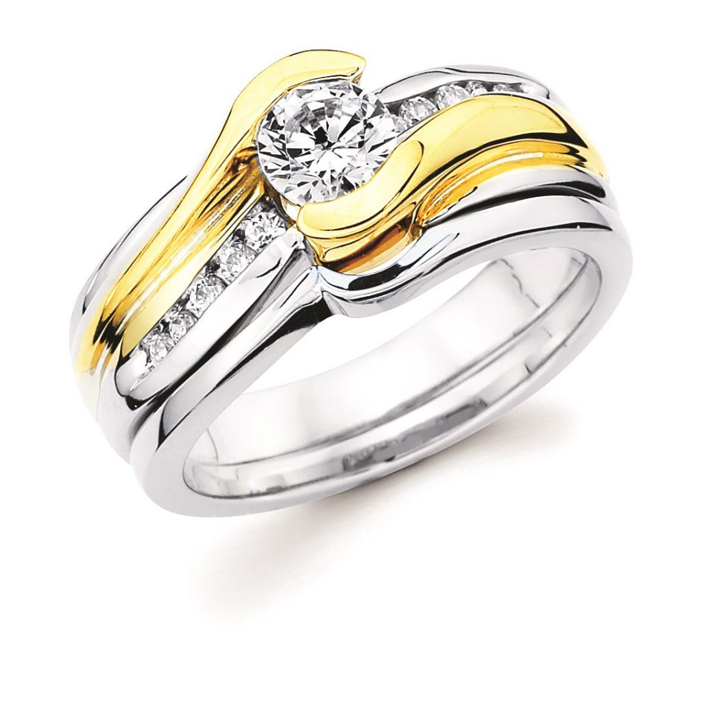 White & Yellow gold engagement ring with half bezel set round diamond