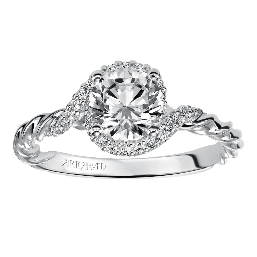 White gold halo engagement ring with rope design band