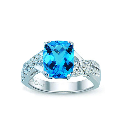 White gold swiss blue topaz & diamond ring