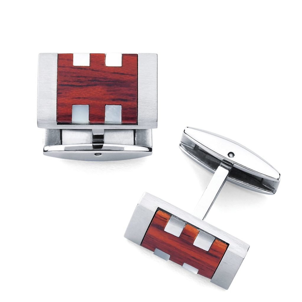 Stainless cuff links with wood inlay