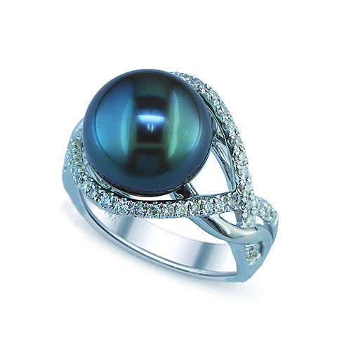 14kt white gold tahitian pearl & diamond ring