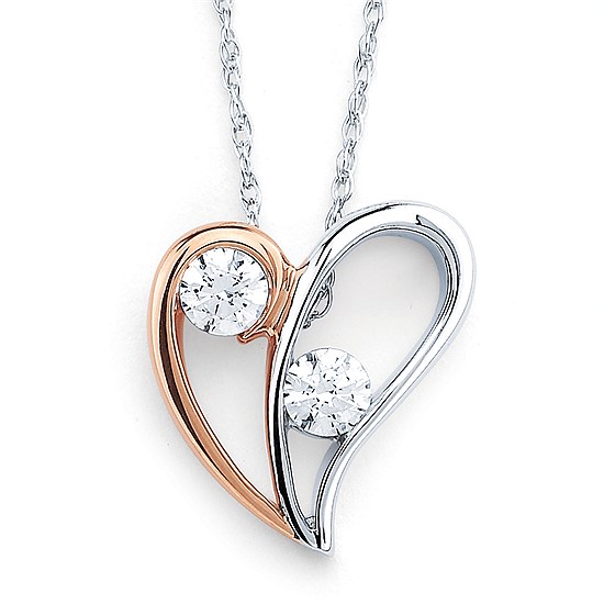 Rose and white gold two diamond heart pendant