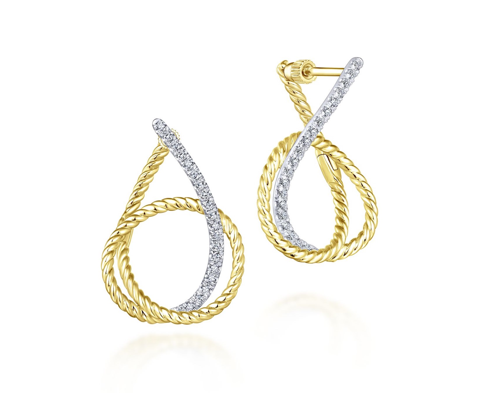 Yellow & white gold rope detail diamond twist earrings